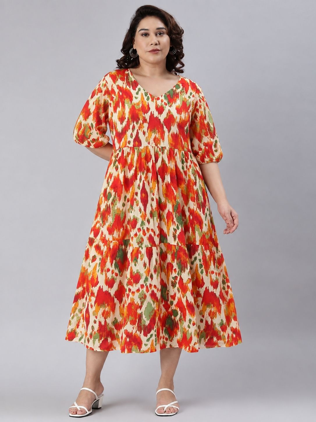 Vibrant Orange Ikat Tiered Maxi Dress