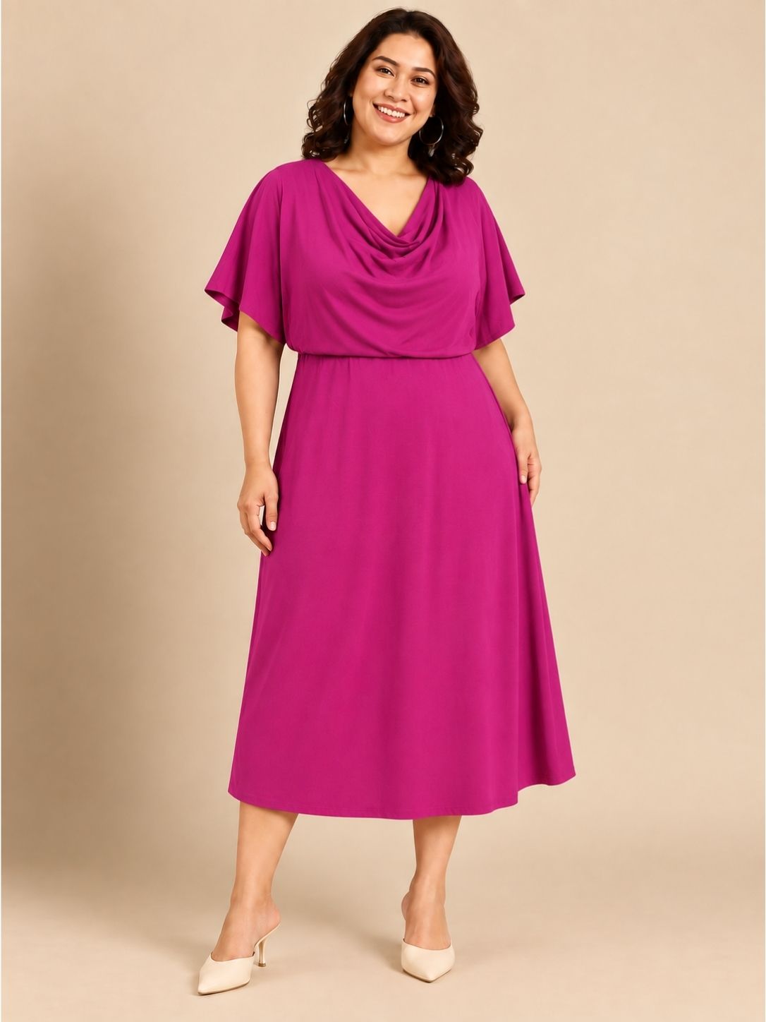 Pink Cowl Neck Midi Dress