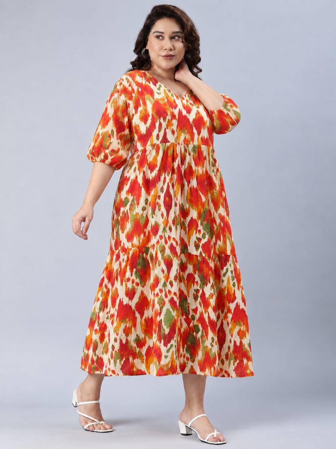 Vibrant Orange Ikat Tiered Maxi Dress