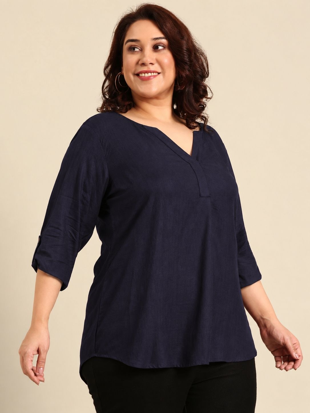 Solid Navy Blue Pleated V-Neck Top