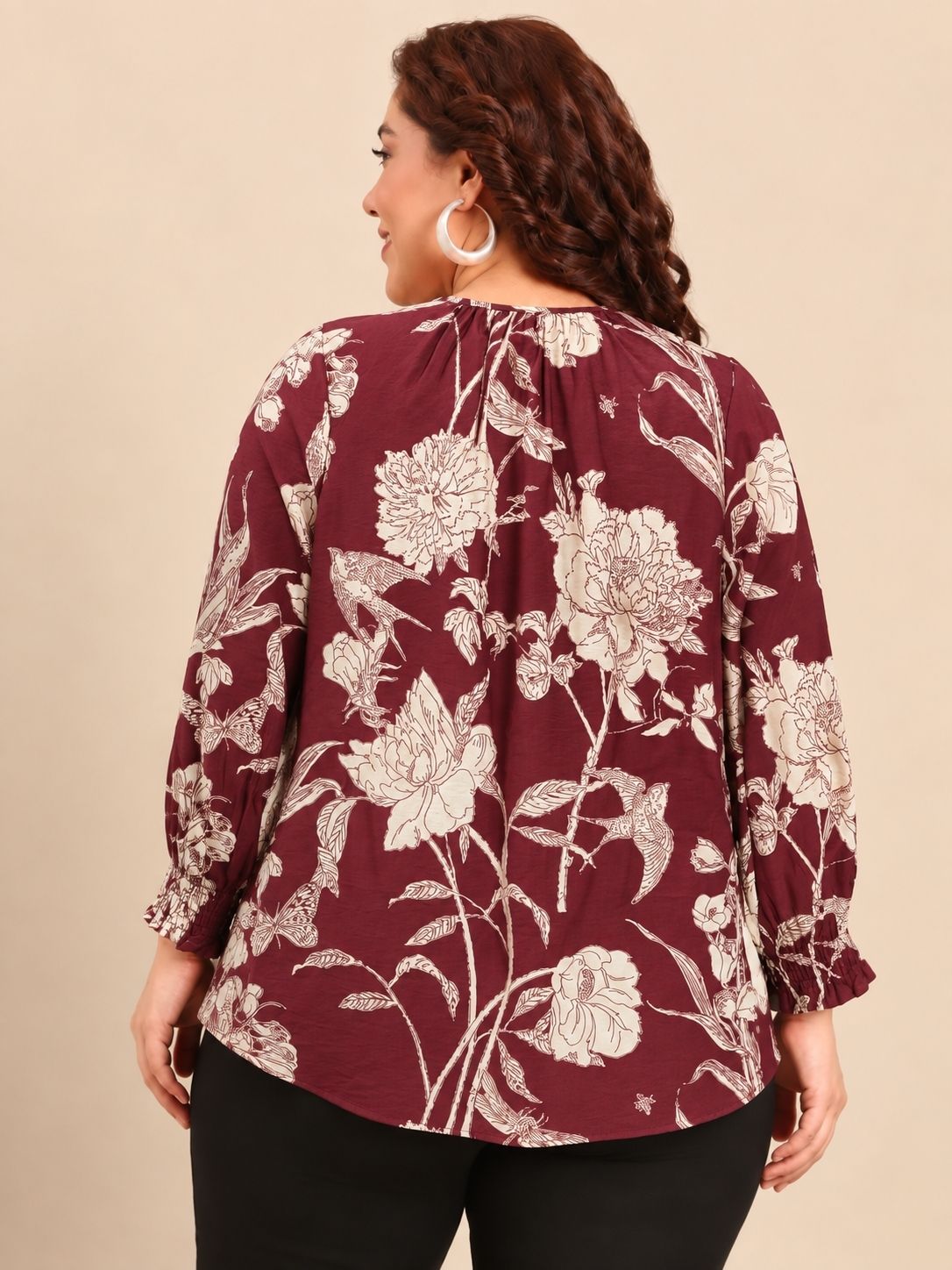 Maroon Floral Smocked Cuff Top