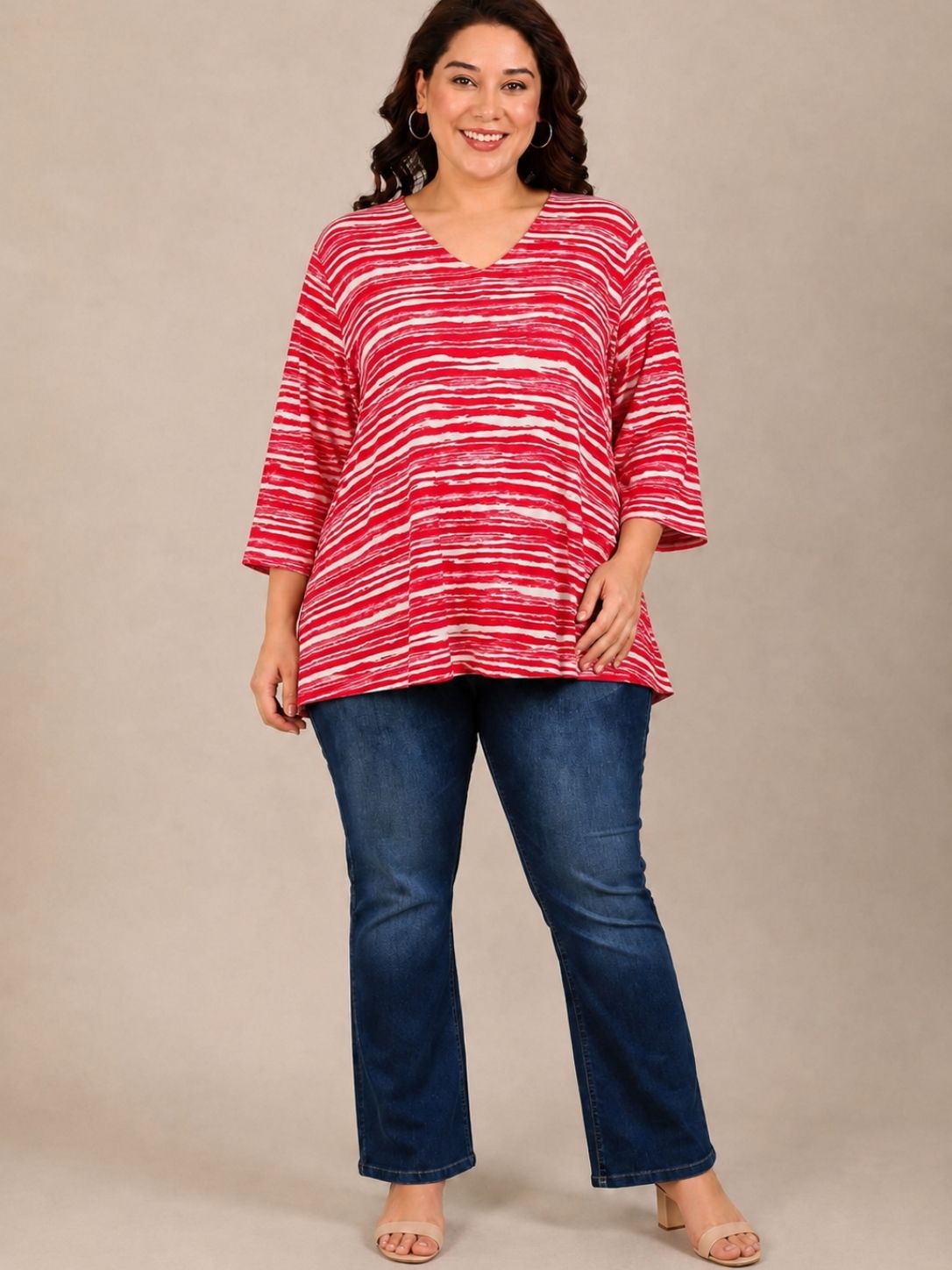 Red Wave Print V-Neck Top