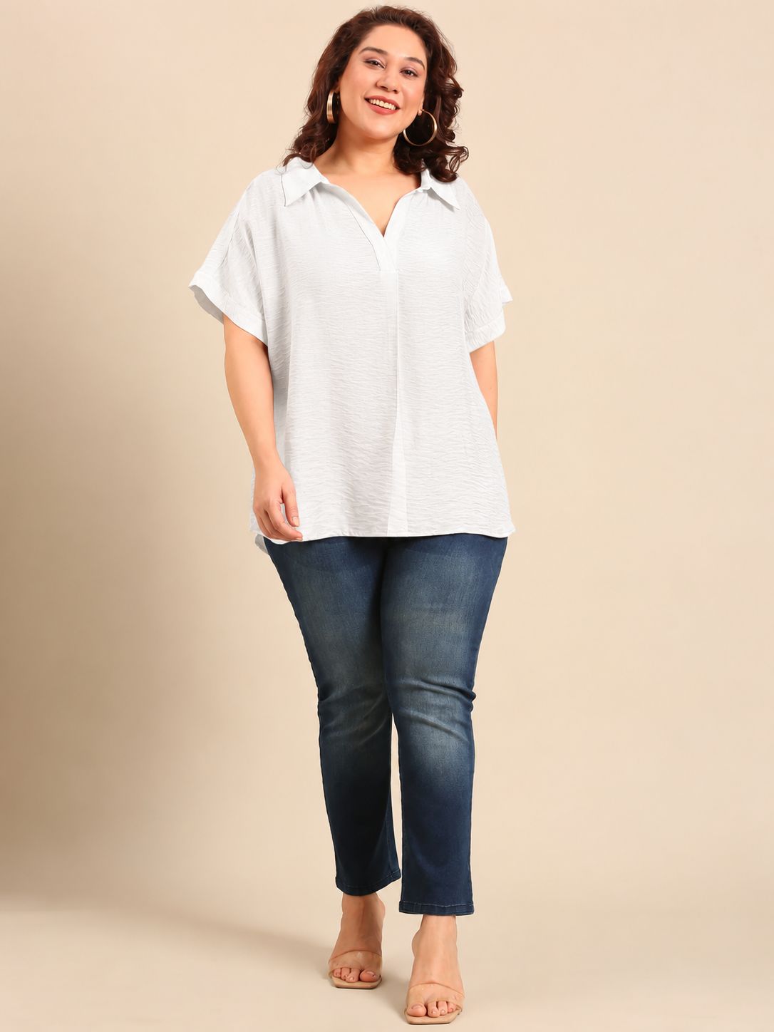White Collar Neck Drop Shoulder Top
