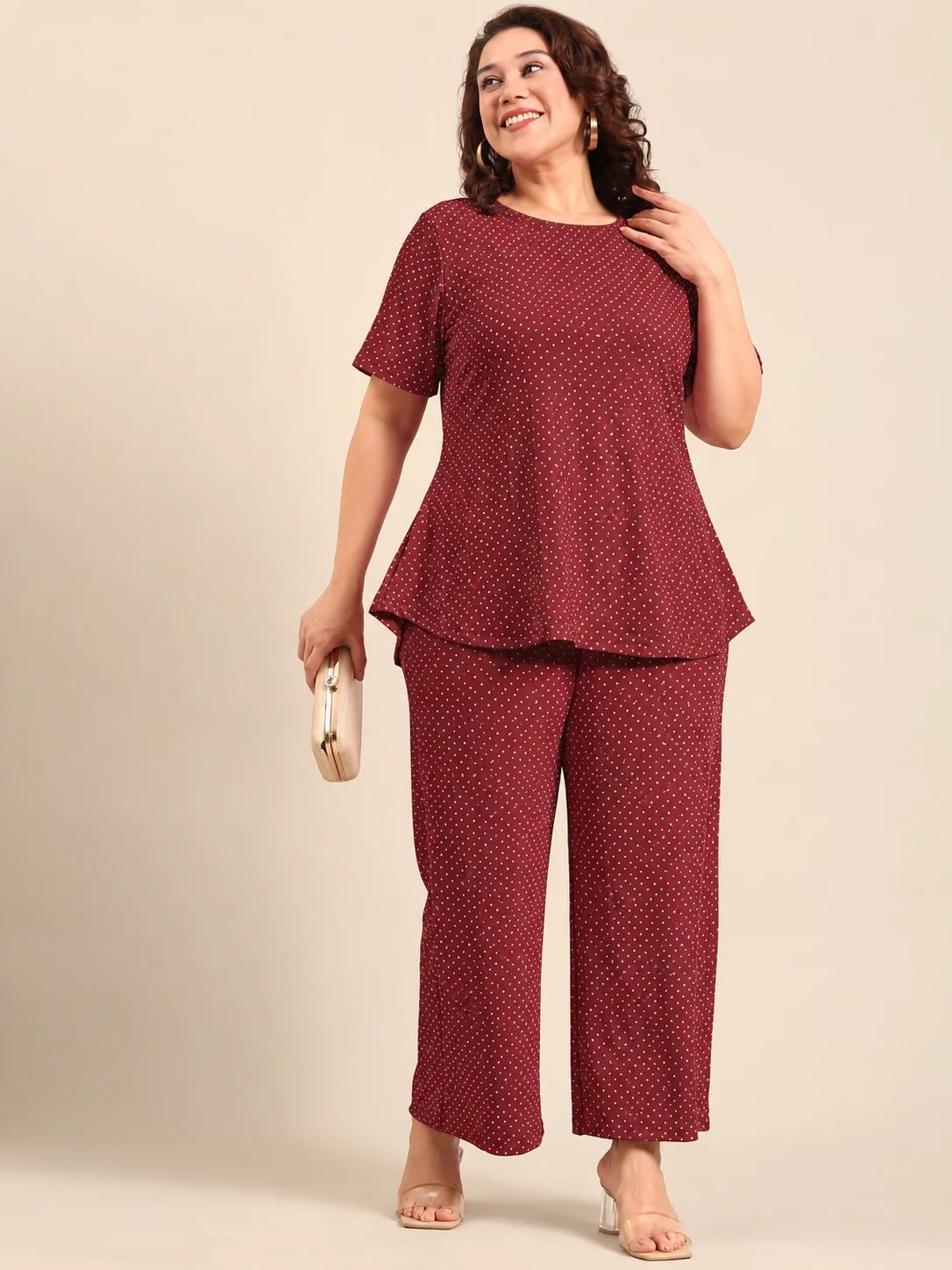 Maroon Mini Polka Dot Co-ord Set (2 Piece)
