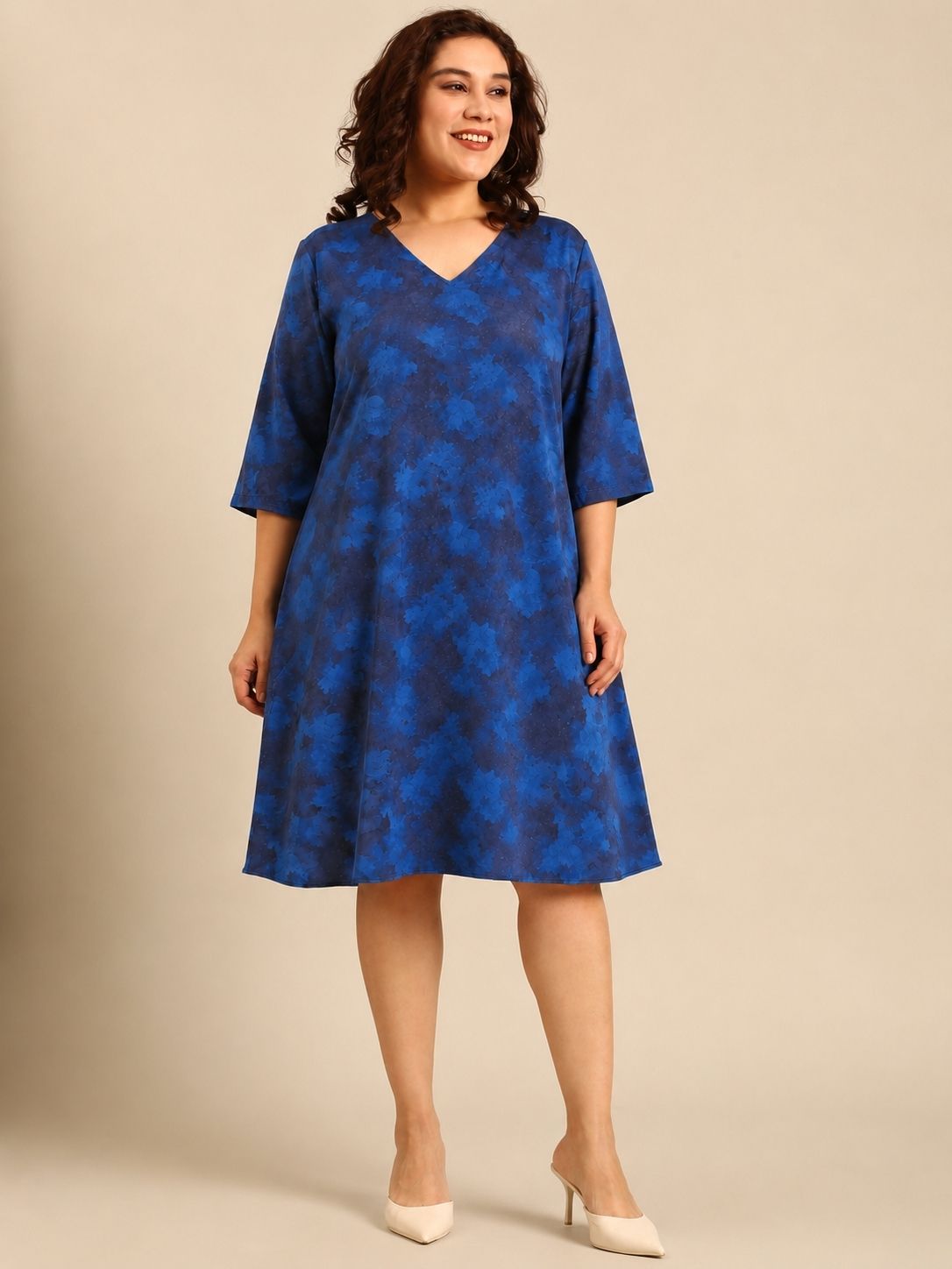 Blue Printed V-Neck A-Line Midi Dress