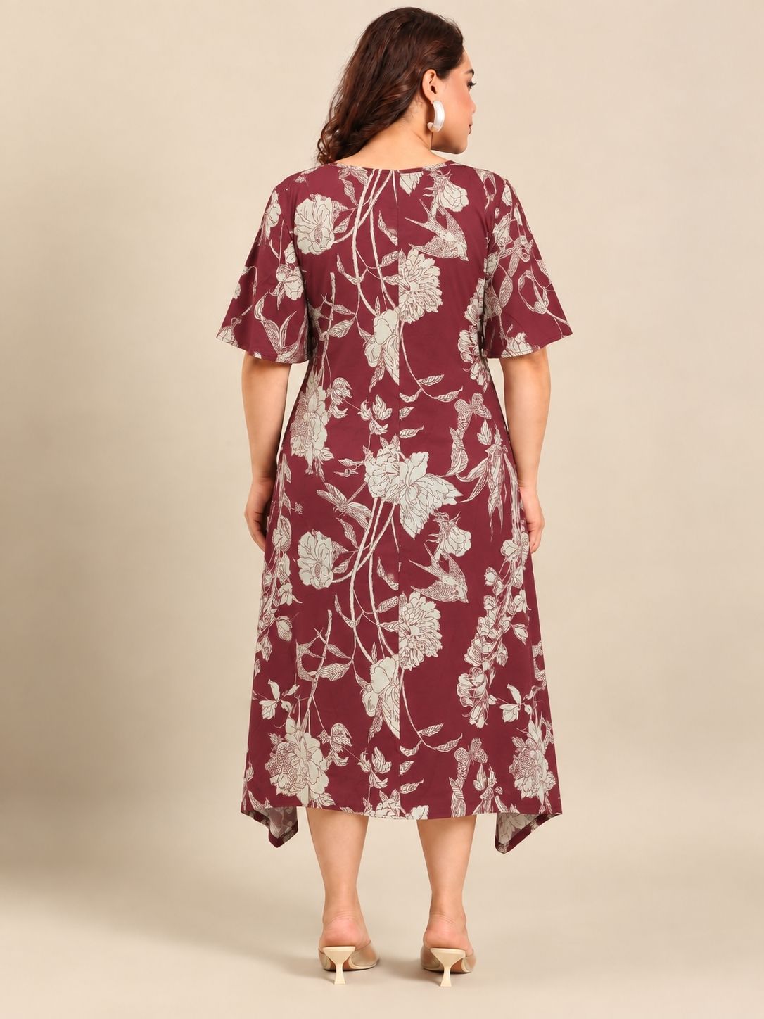 Maroon Floral V-Neck A-Line Midi Dress