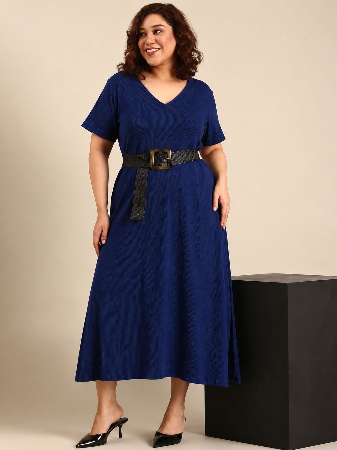 Navy Rib Cotton A-Line Dress