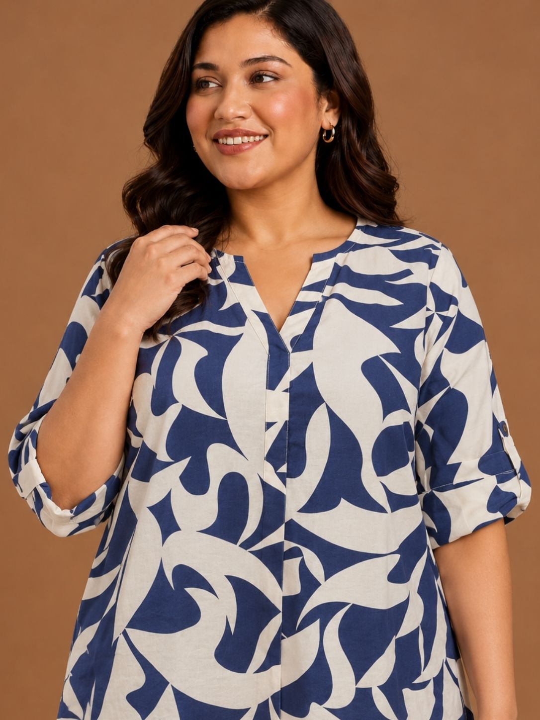 Blue Abstract Floral Printed V-Neck Top