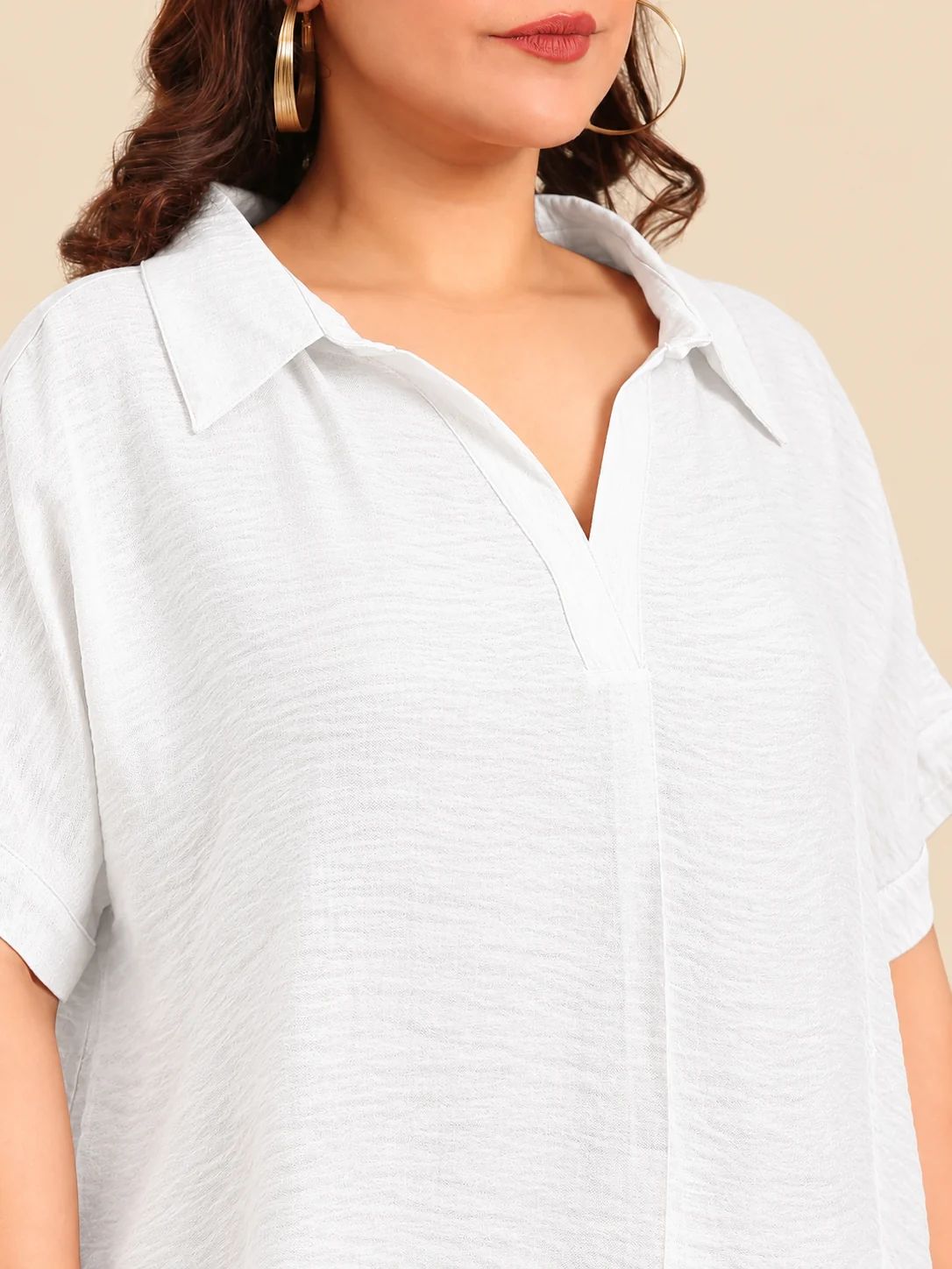 White Collar Neck Drop Shoulder Top