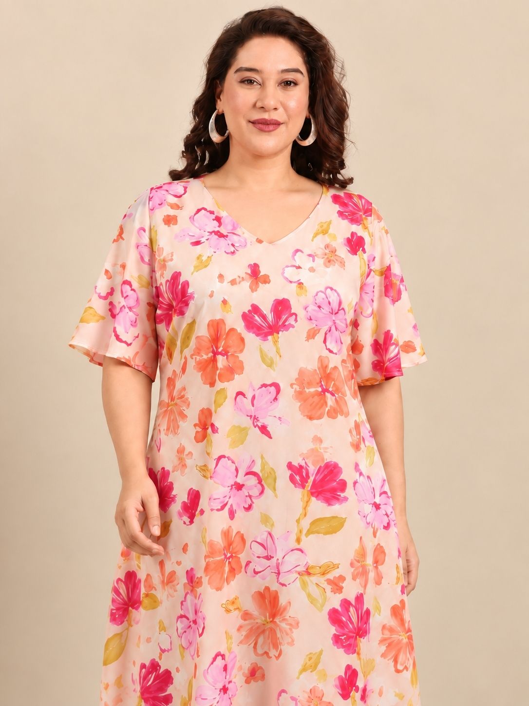 Light Pink Floral A-Line Midi Dress