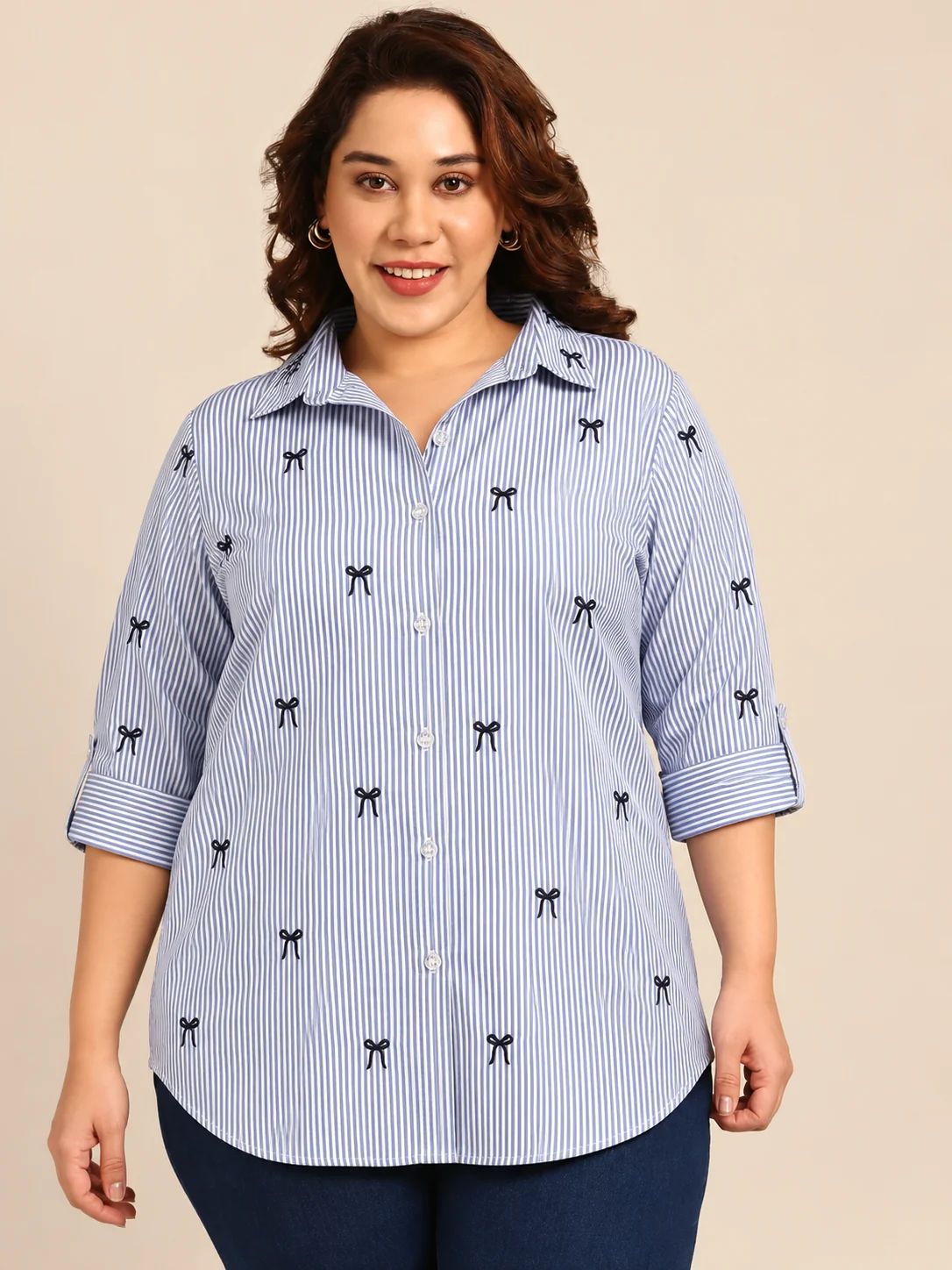 Blue Striped Button Down Shirt with Bow Embroidery