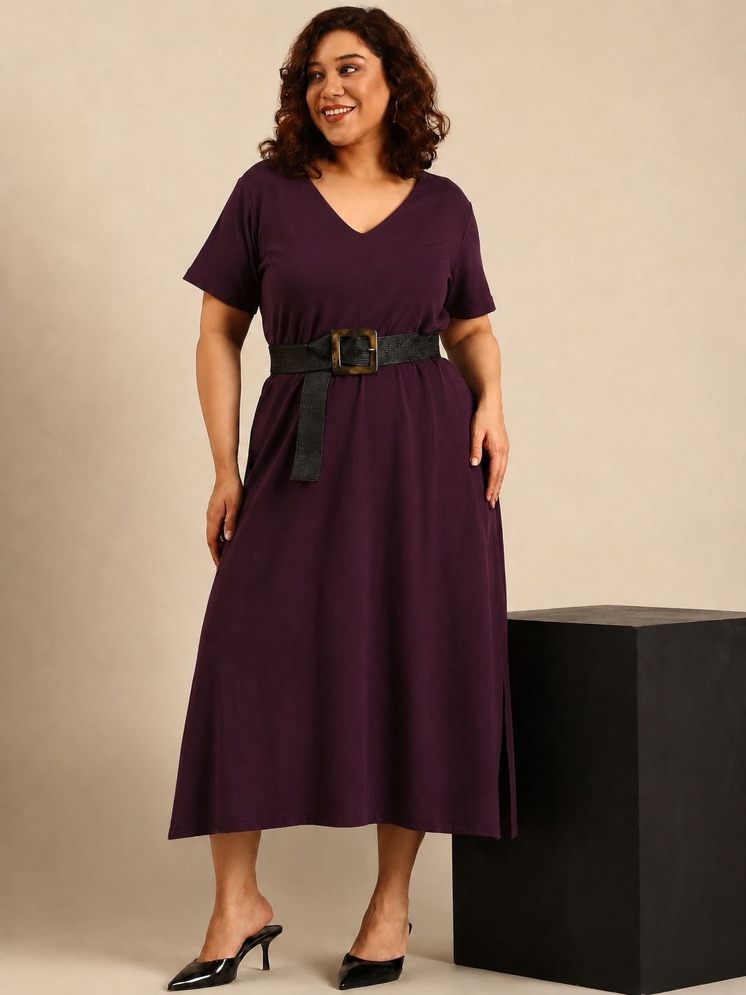 Maroon Rib Cotton A-Line Dress