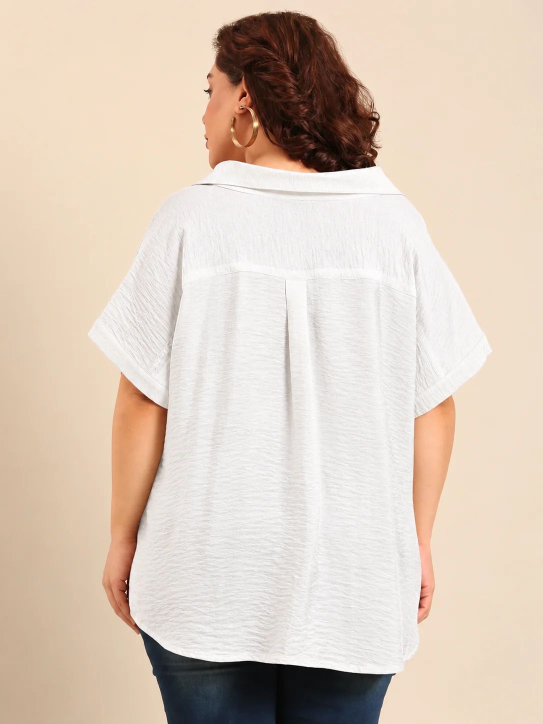 White Collar Neck Drop Shoulder Top