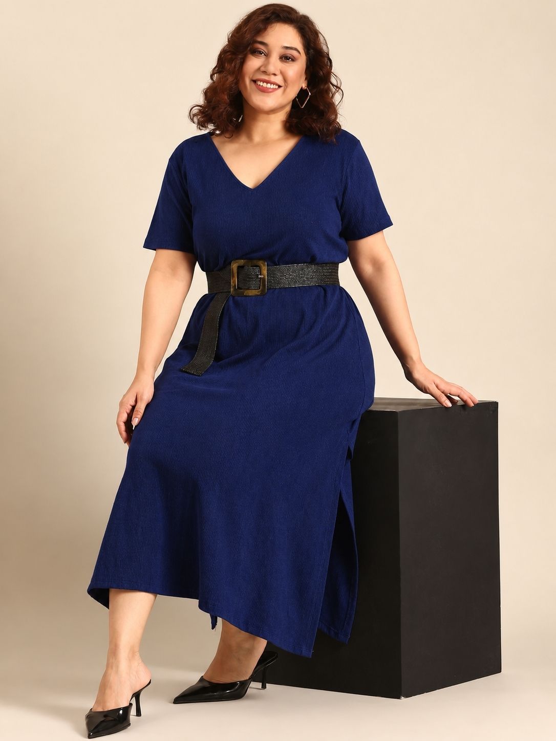 Navy Rib Cotton A-Line Dress