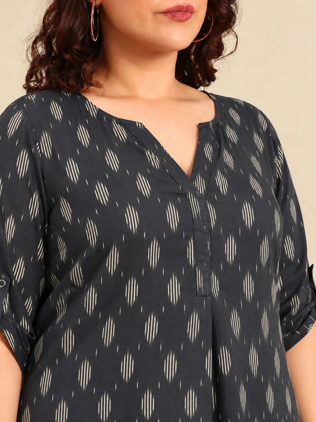 Black Cotton Ikat Print V-Neck Top