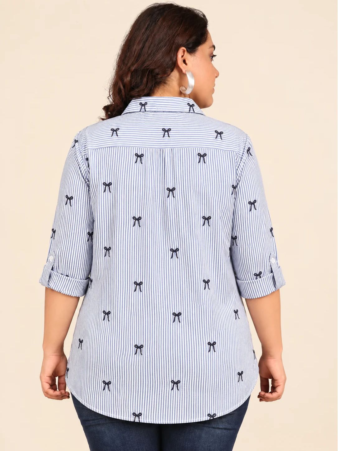 Blue Striped Button Down Shirt with Bow Embroidery