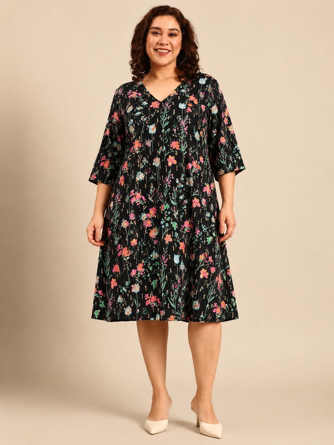 Black Floral Shimmer Dobby A-Line Midi Dress