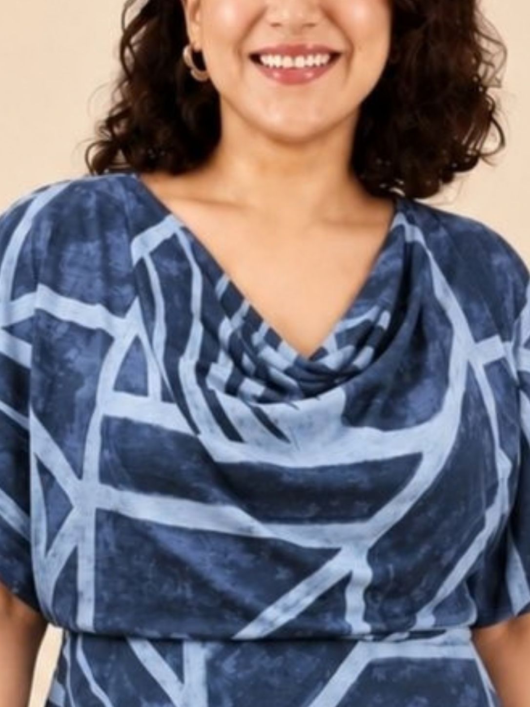 Indigo Abstract Geometric Cowl Neck Dress
