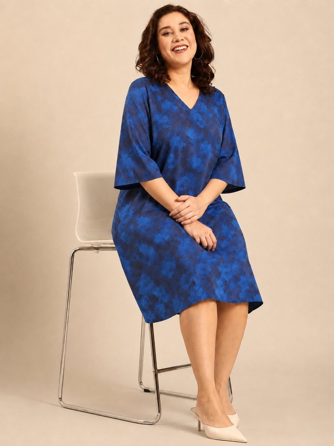 Blue Printed V-Neck A-Line Midi Dress