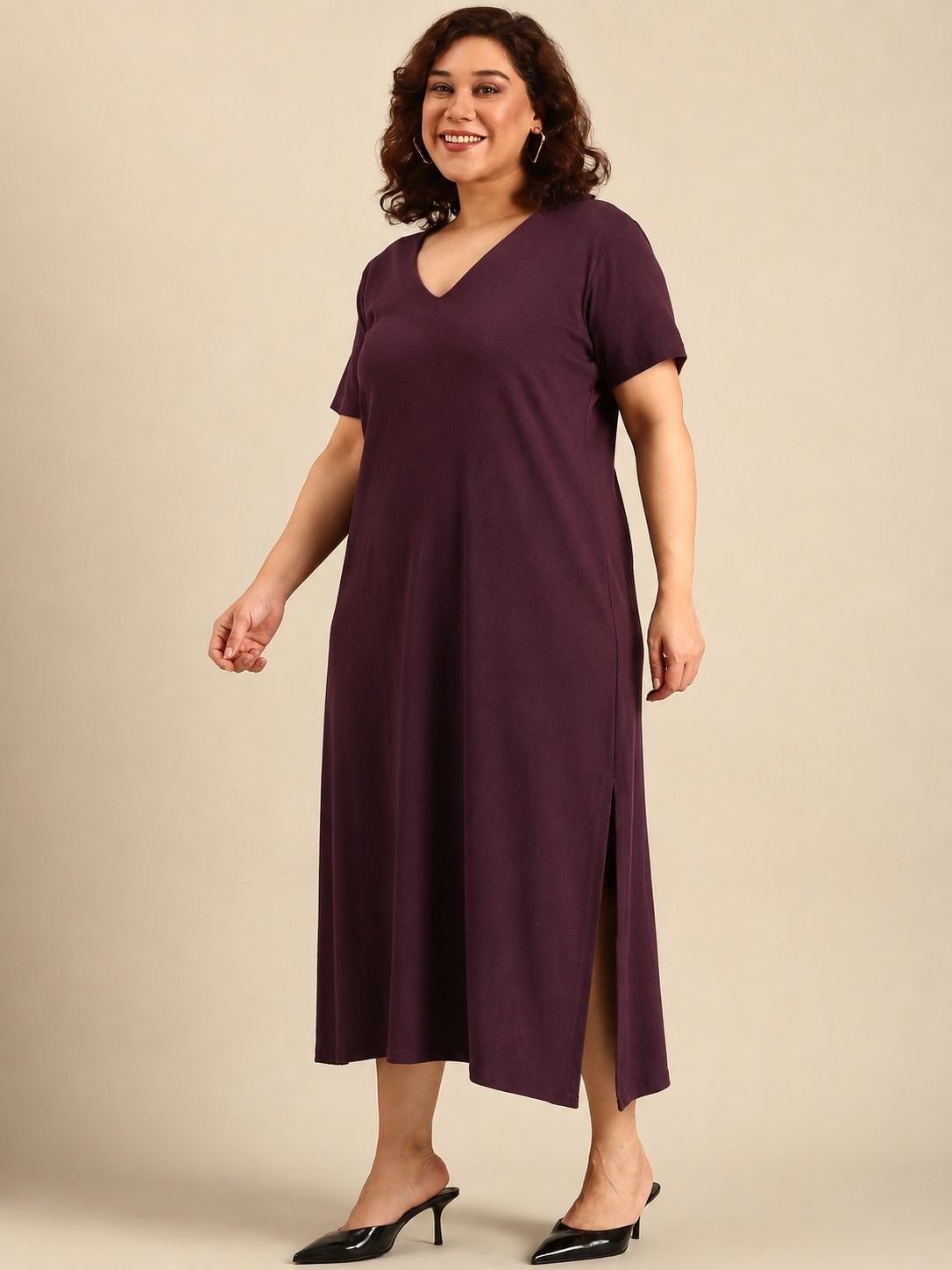 Maroon Rib Cotton A-Line Dress