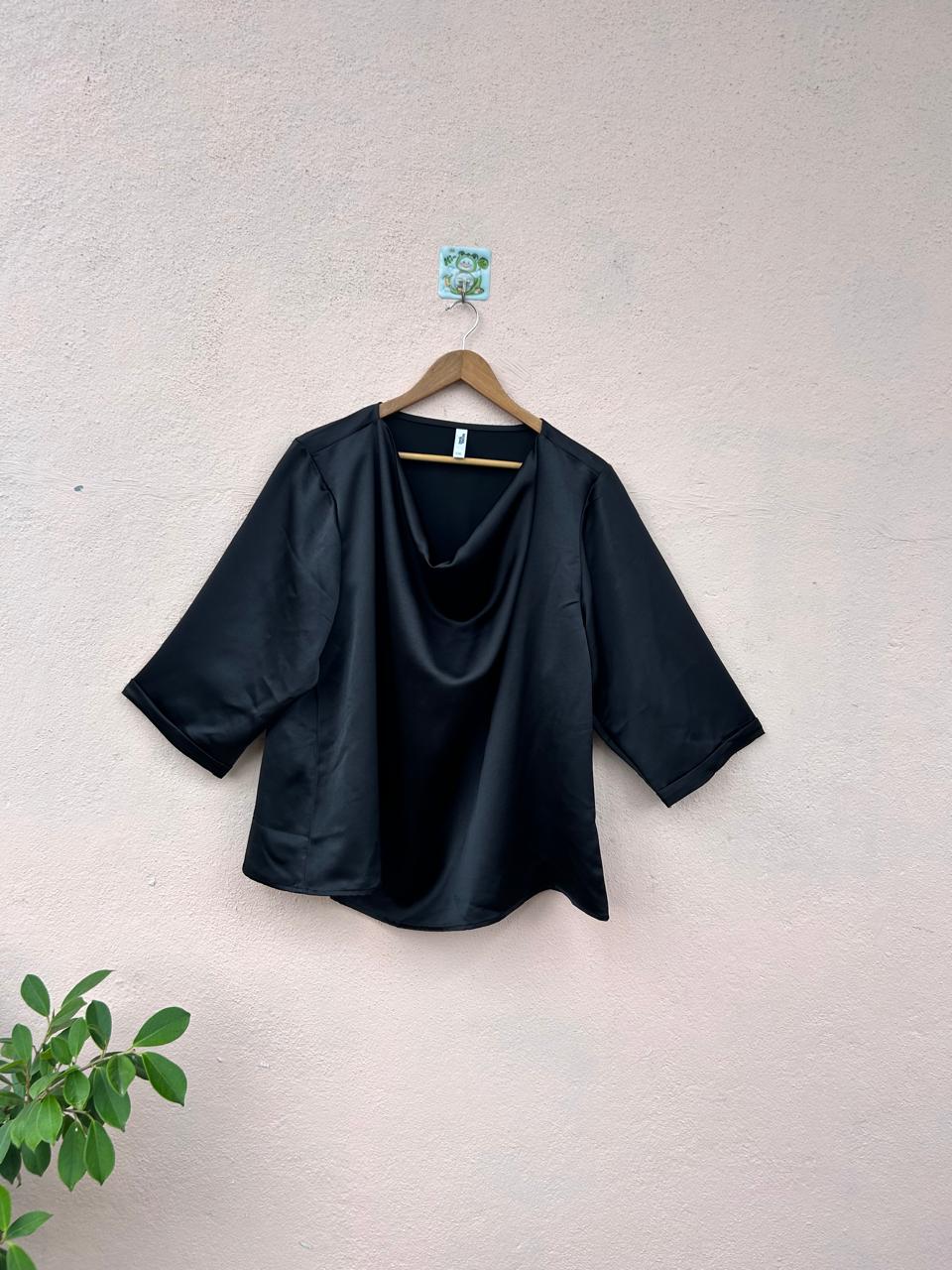 Black Satin Cowl Neck Top
