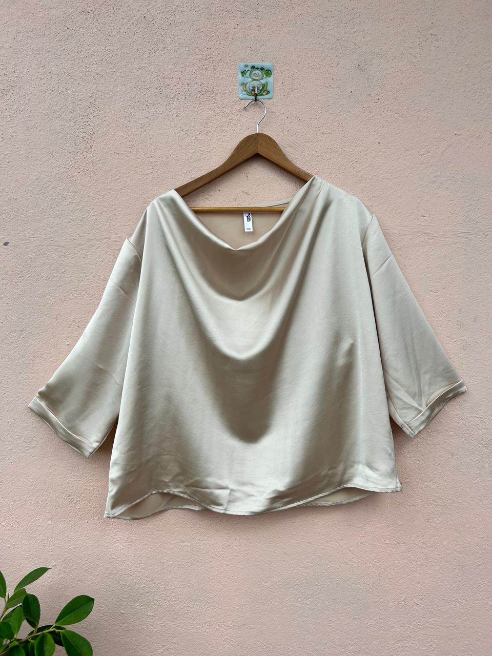 Beige Satin Cowl Neck Top