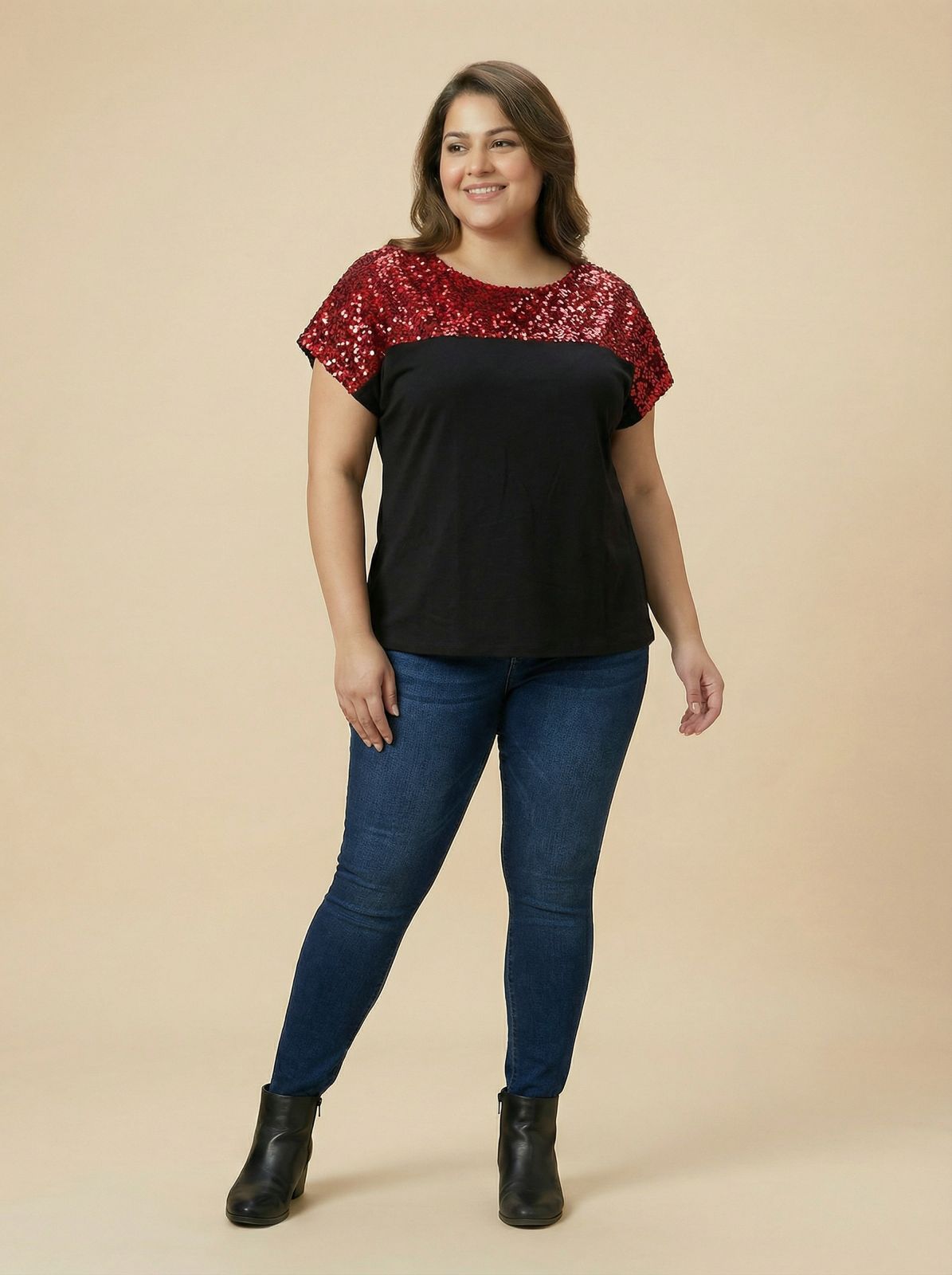 Red Sequins Fabric Colorblock Top