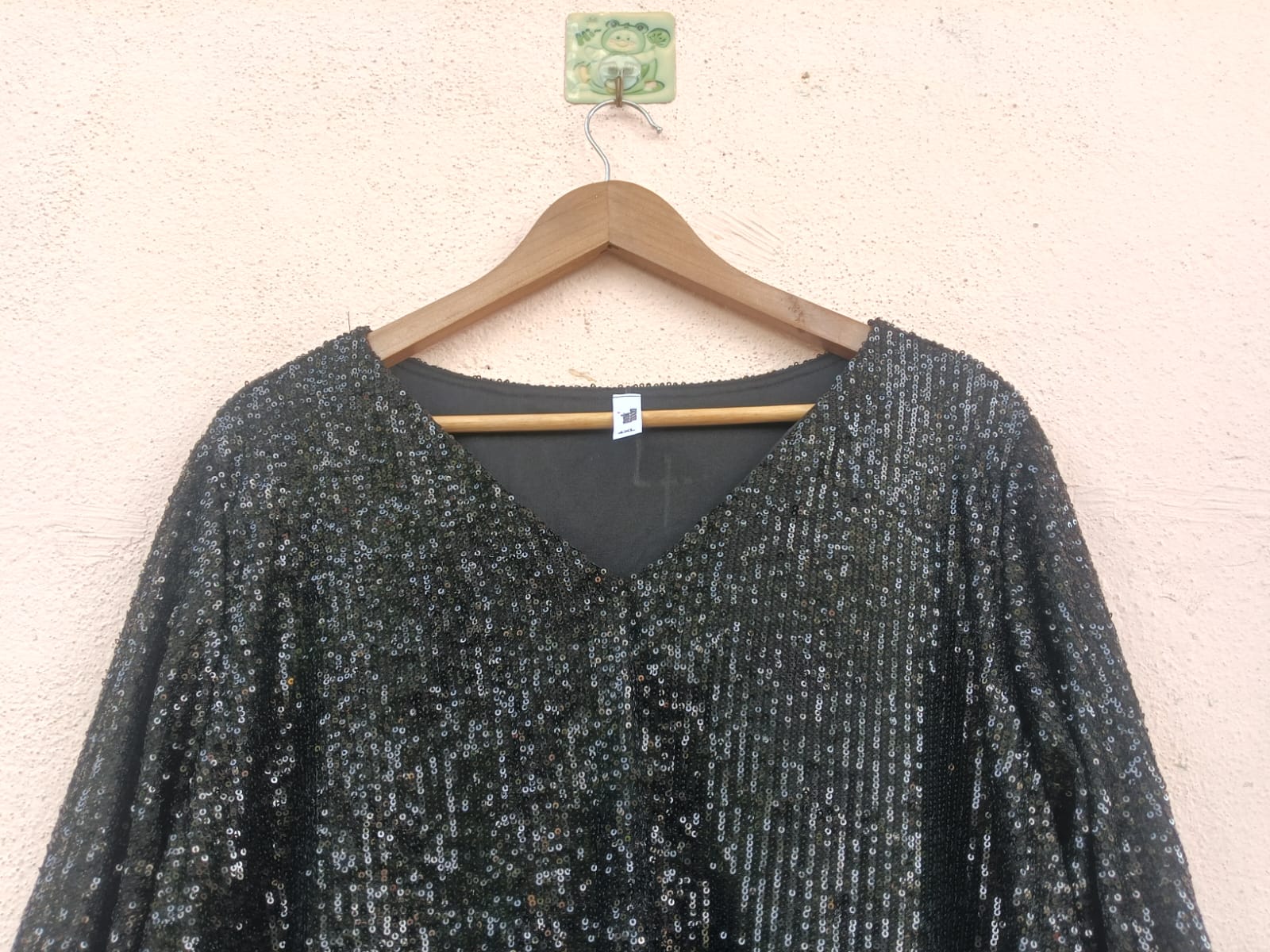 Black Sequin V-Neck Top