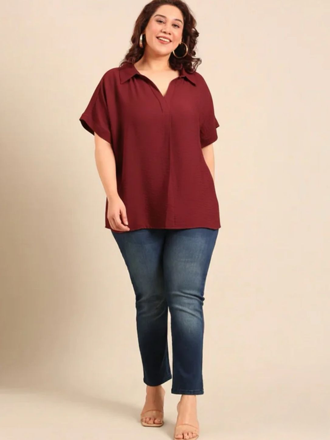Maroon Collar Neck Drop Shoulder Top
