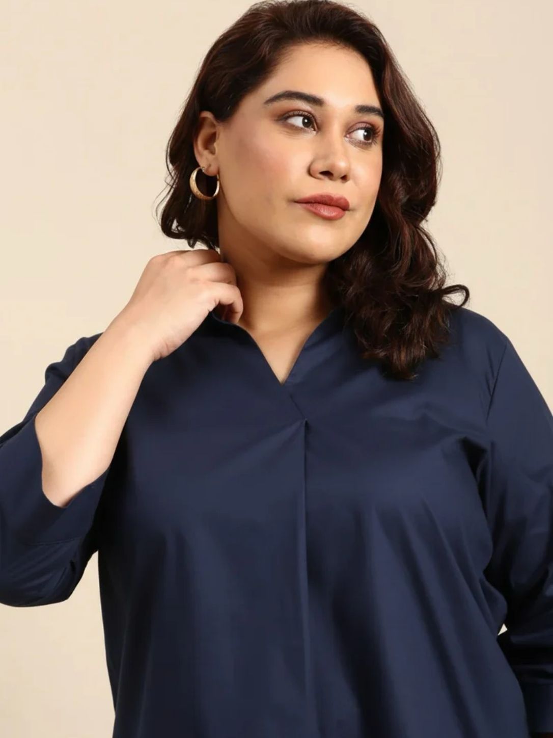 Navy Cotton Collar Neck Top