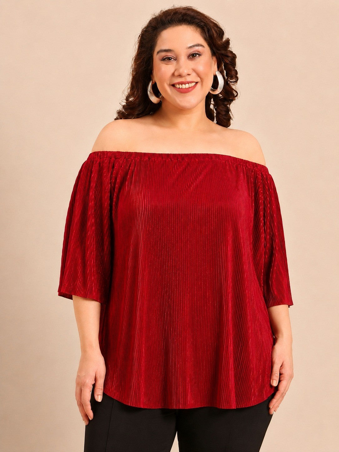 Red Pleated Off-Shoulder Top