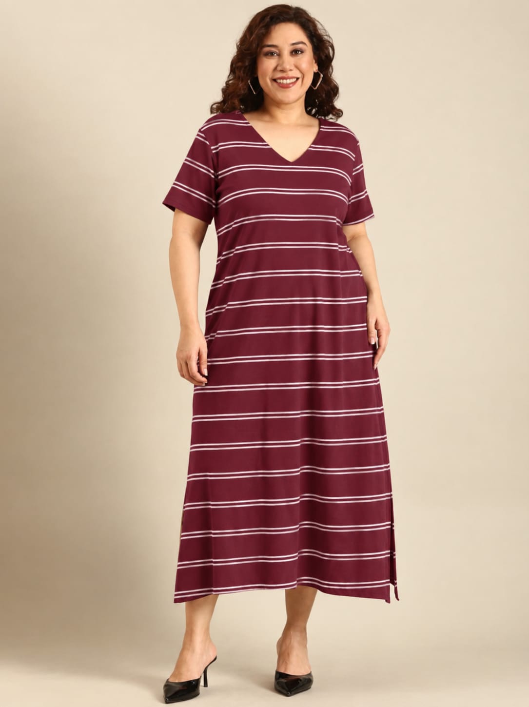 Maroon Striped Ribbed Cotton A-Line Dress