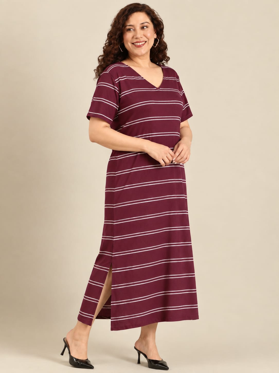 Maroon Striped Ribbed Cotton A-Line Dress