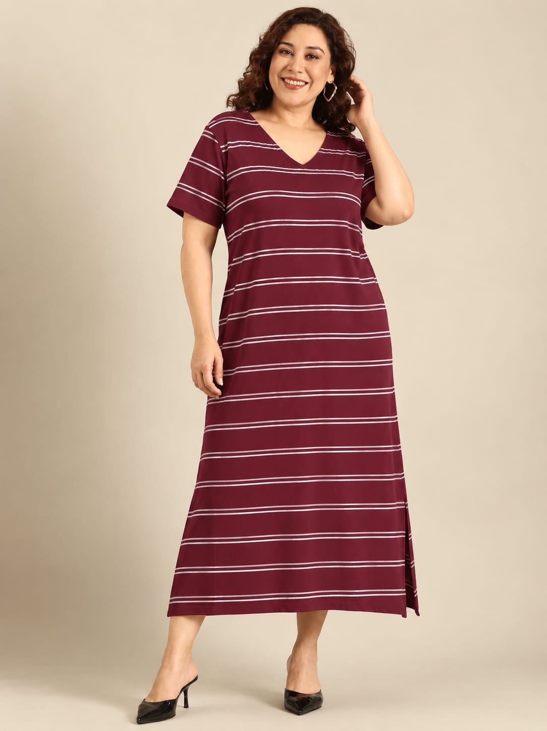 Maroon Striped Ribbed Cotton A-Line Dress