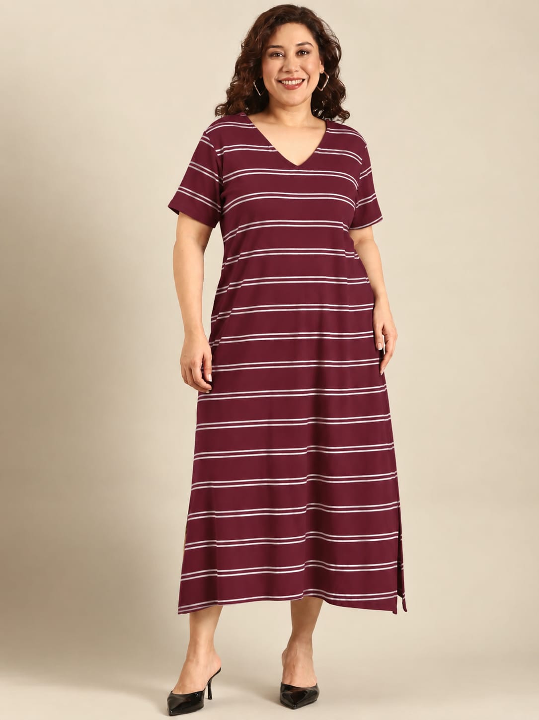 Maroon Striped Ribbed Cotton A-Line Dress