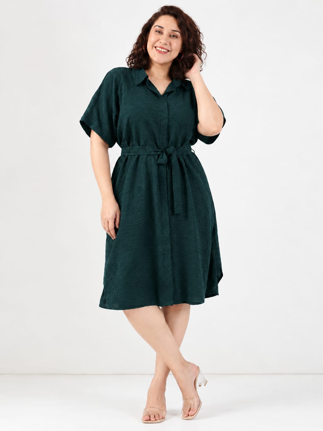 Solid Green A-Line Shirt Dress