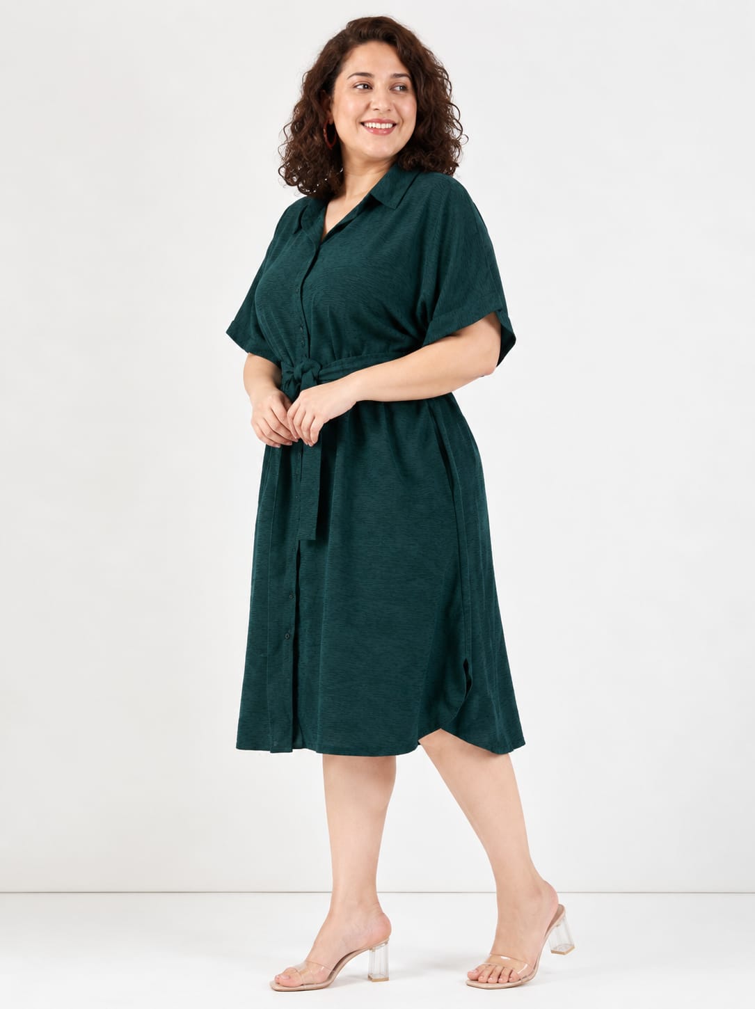 Solid Green A-Line Shirt Dress