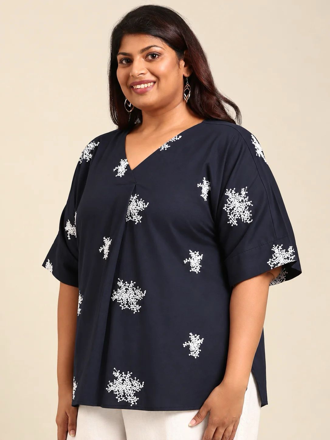 Navy Embroidered Drop Shoulder Top