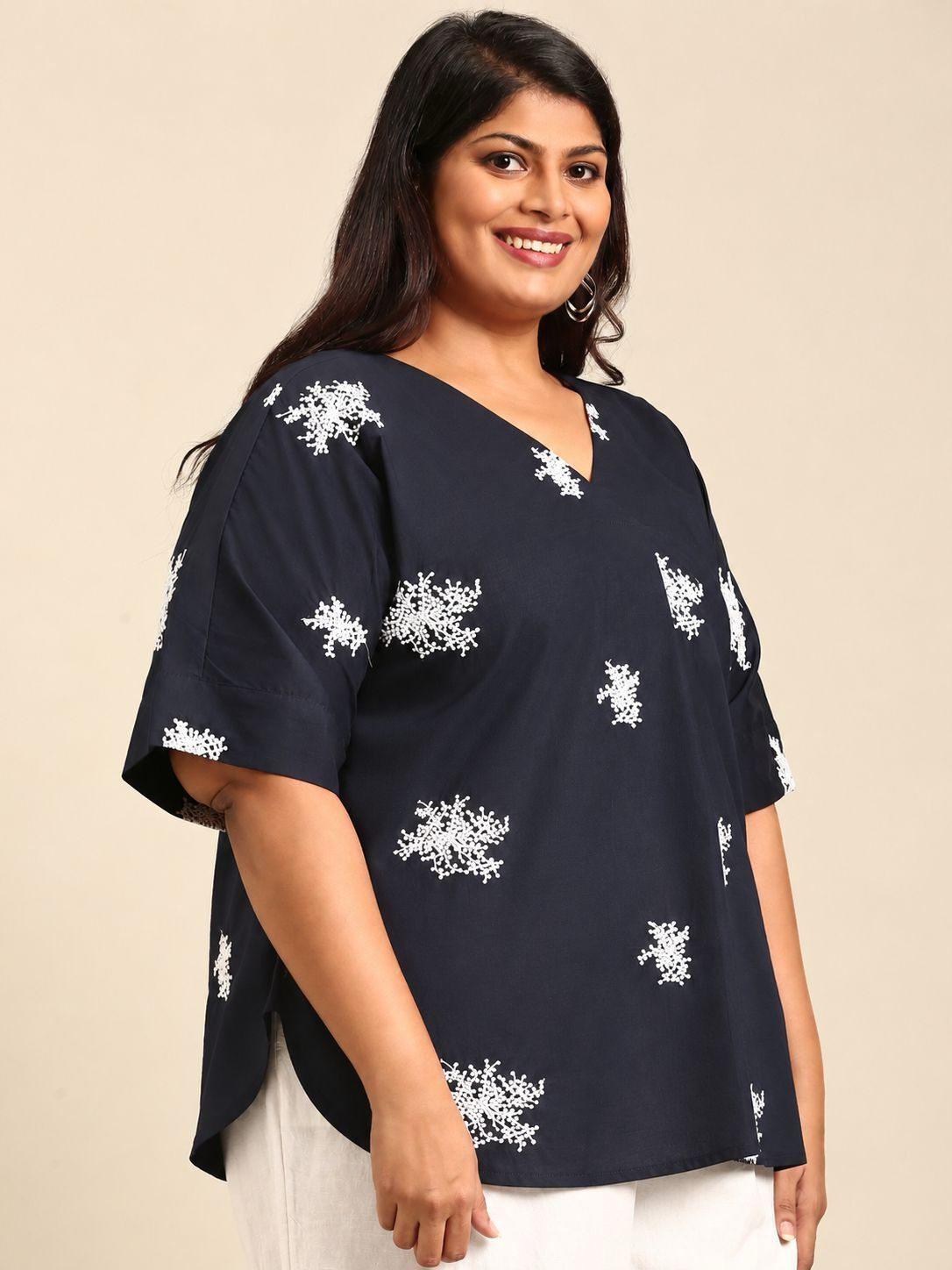 Navy Embroidered Drop Shoulder Top