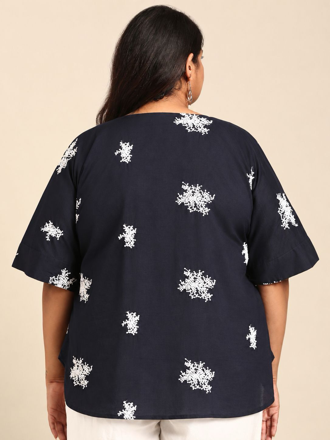 Navy Embroidered Drop Shoulder Top