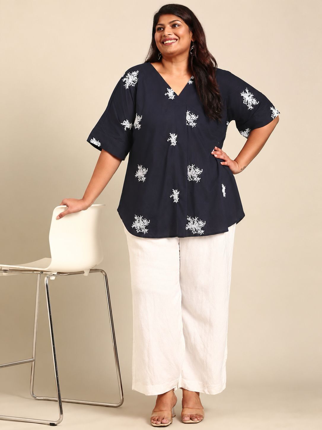 Navy Embroidered Drop Shoulder Top