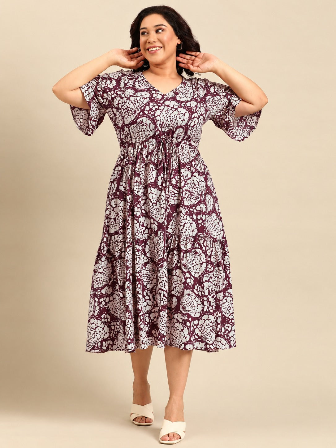 Maroon Shell Print Dress with Waist Tie