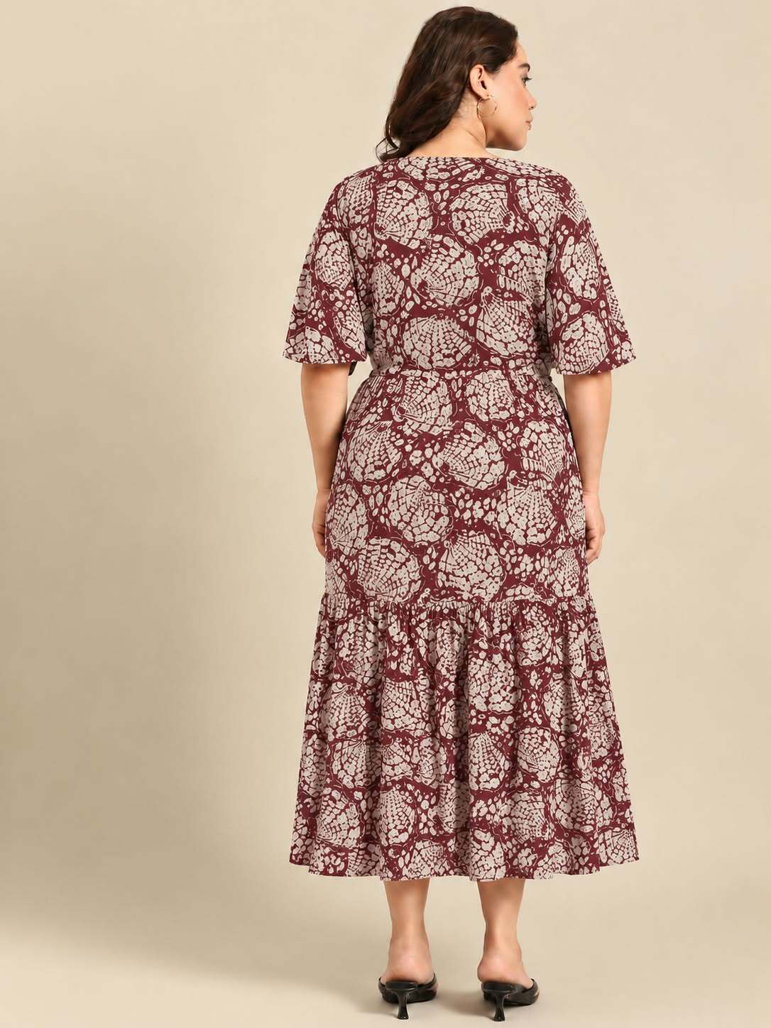 Maroon Shell Print Dress with Waist Tie