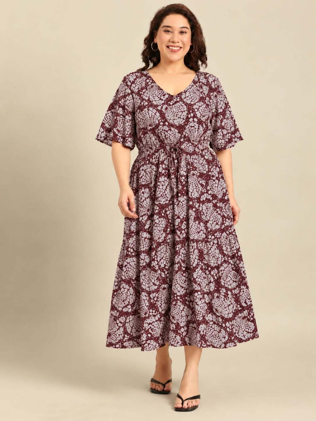 Maroon Shell Print Dress with Waist Tie