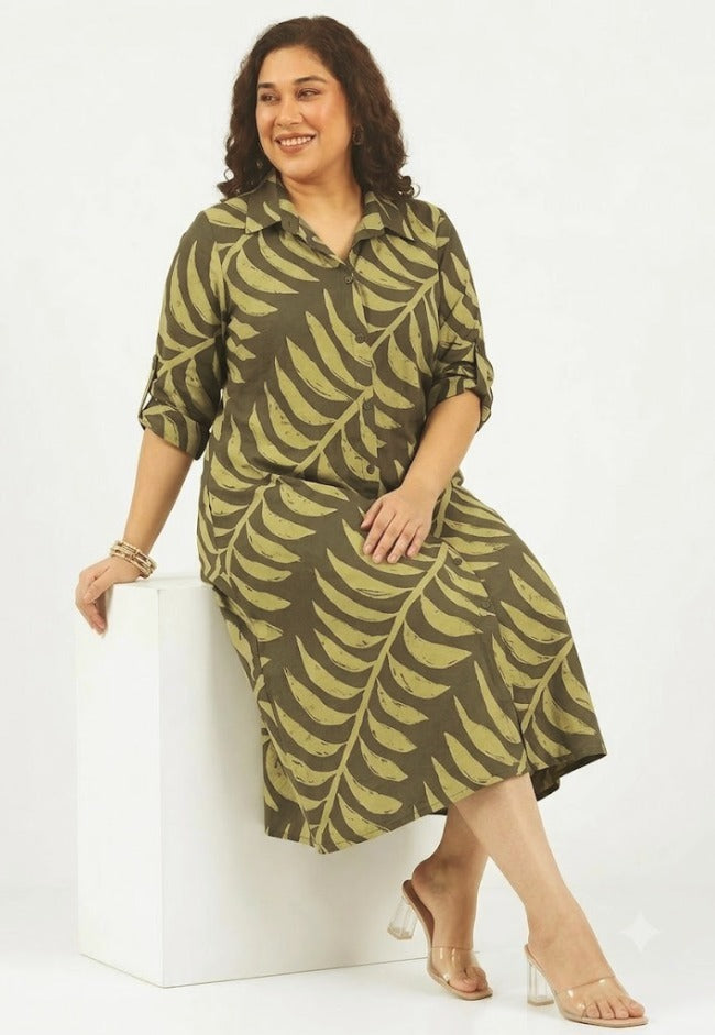 Olive Green Leaf Print Shirt Dress