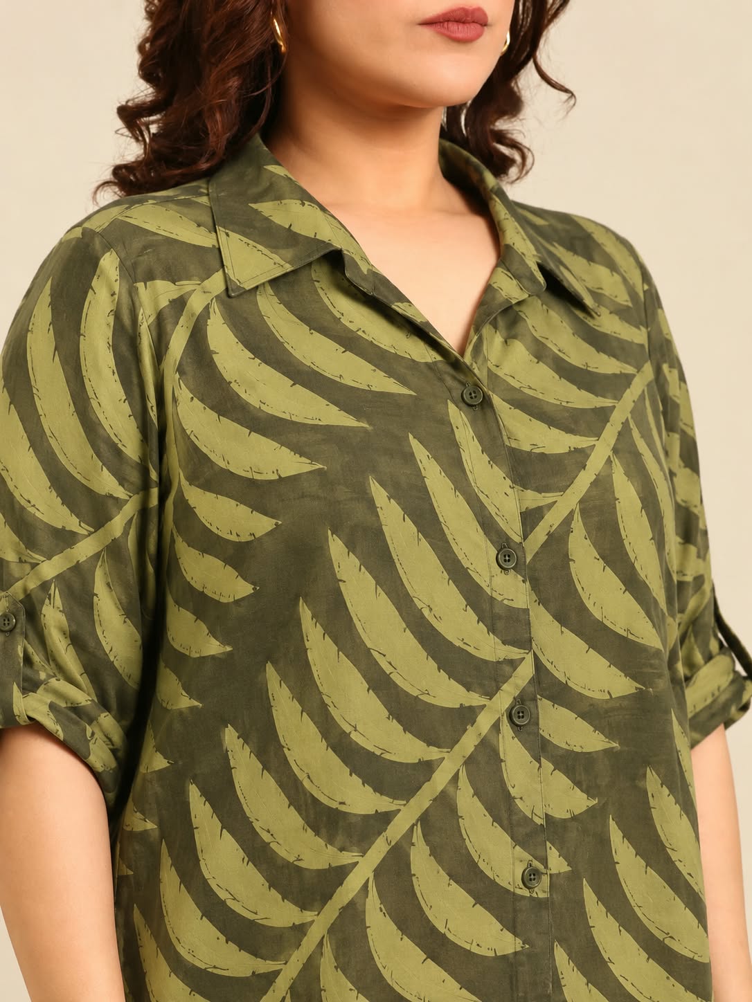 Olive Green Leaf Print Shirt Dress