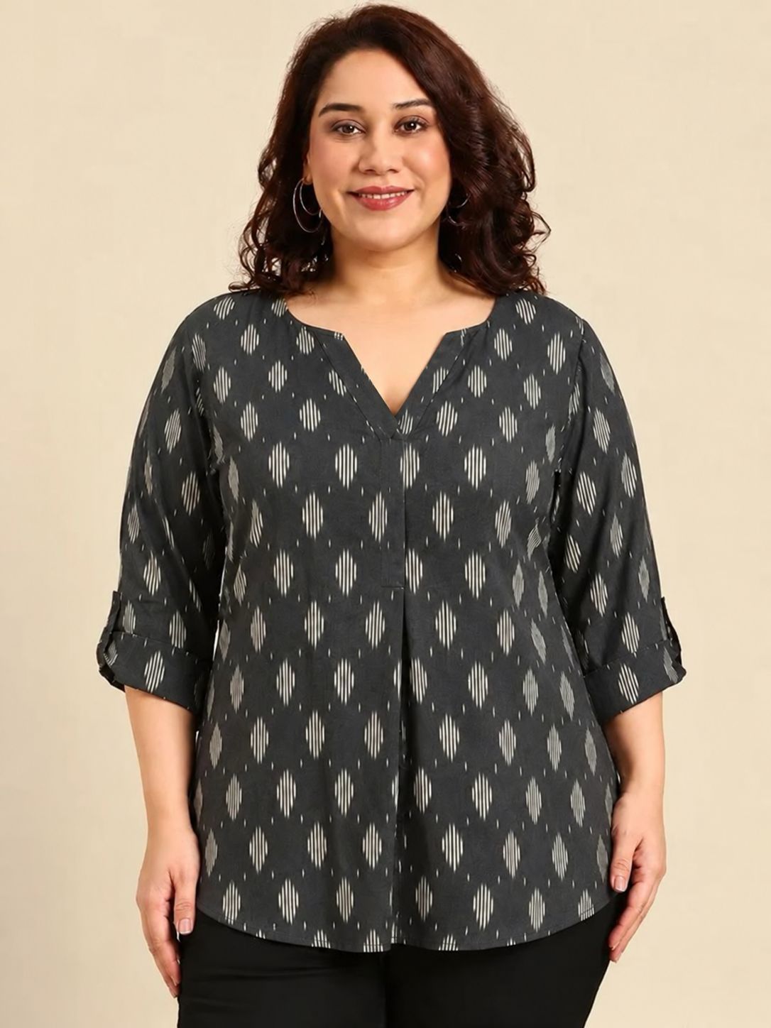 Black Cotton Ikat Print V-Neck Top