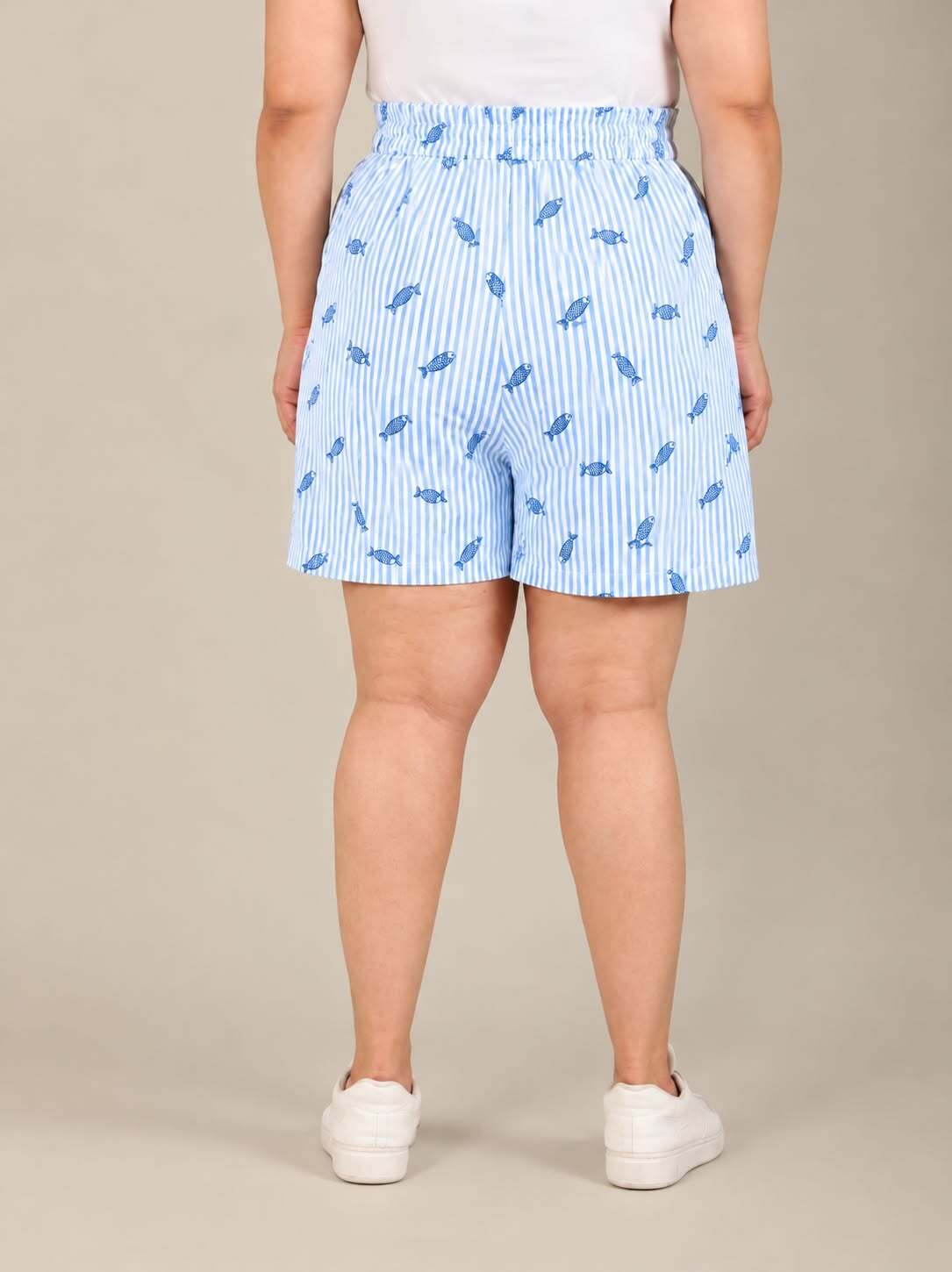 Blue and White Striped Fish Print Shorts