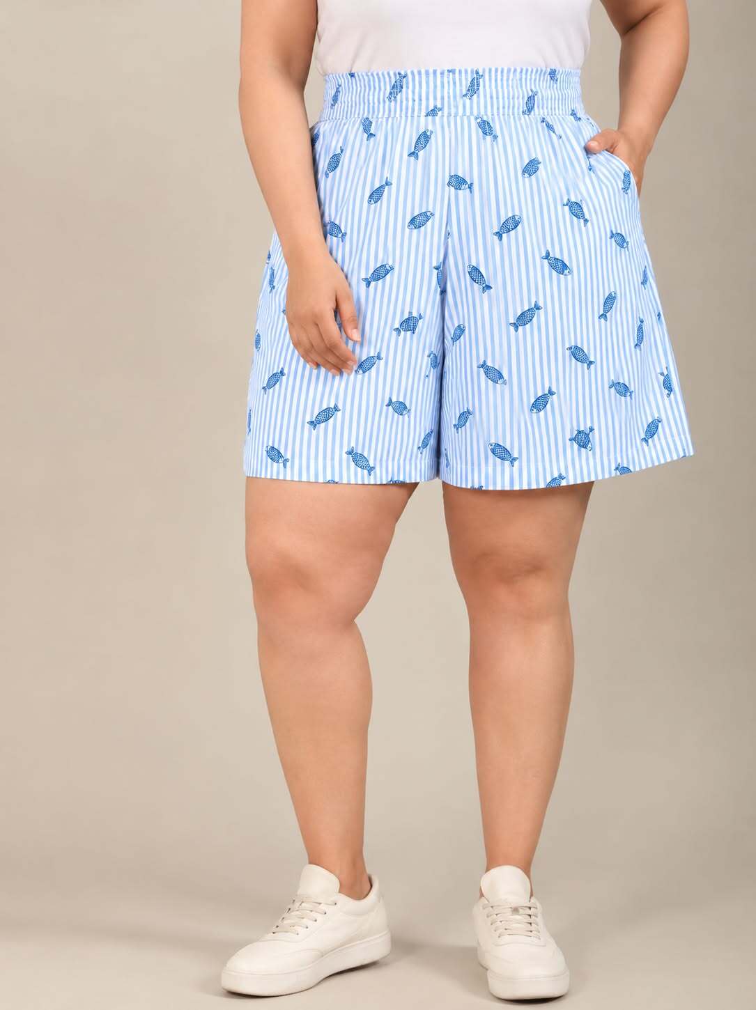 Blue and White Striped Fish Print Shorts