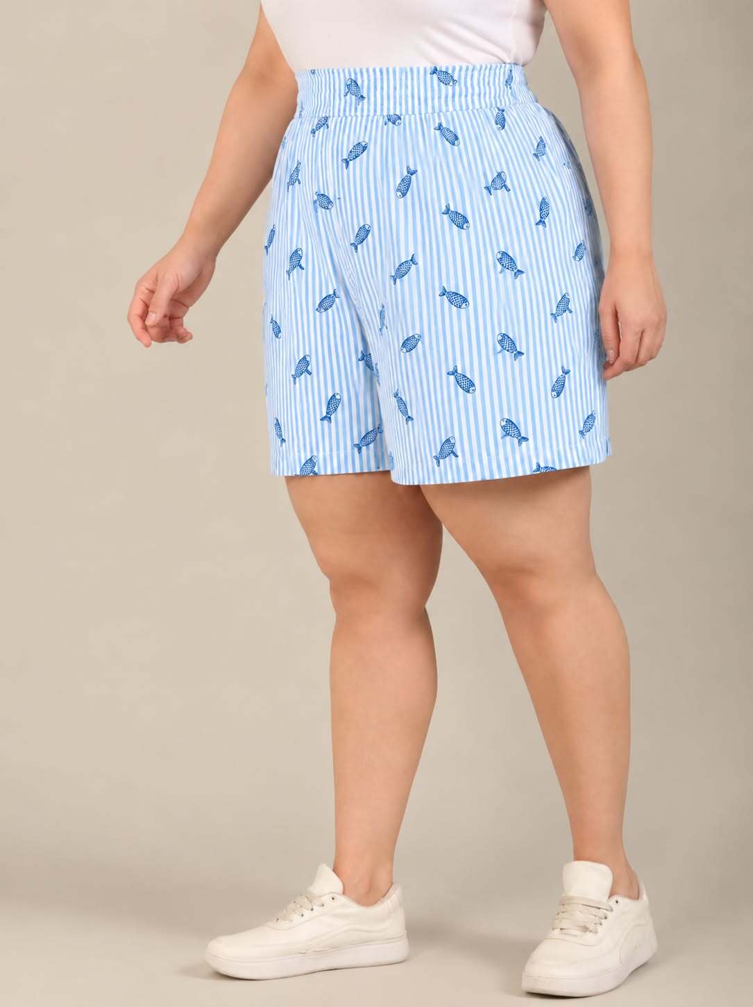 Blue and White Striped Fish Print Shorts